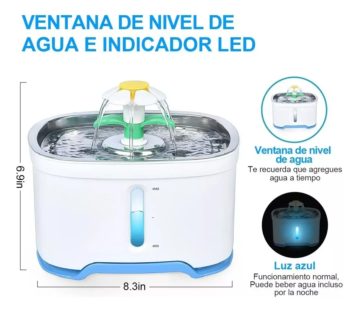 Fuente de Agua para Perros y Gatos con Luz LED y Bandeja de Acero Inoxidable